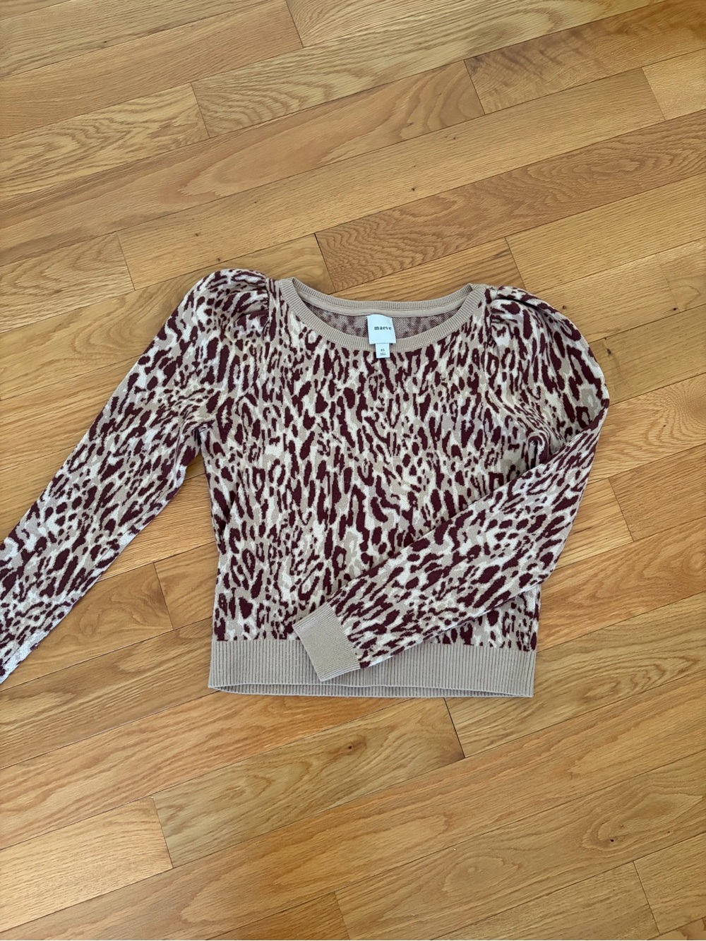 Maeve Beige and Burgundy Leopard-Print Crewneck